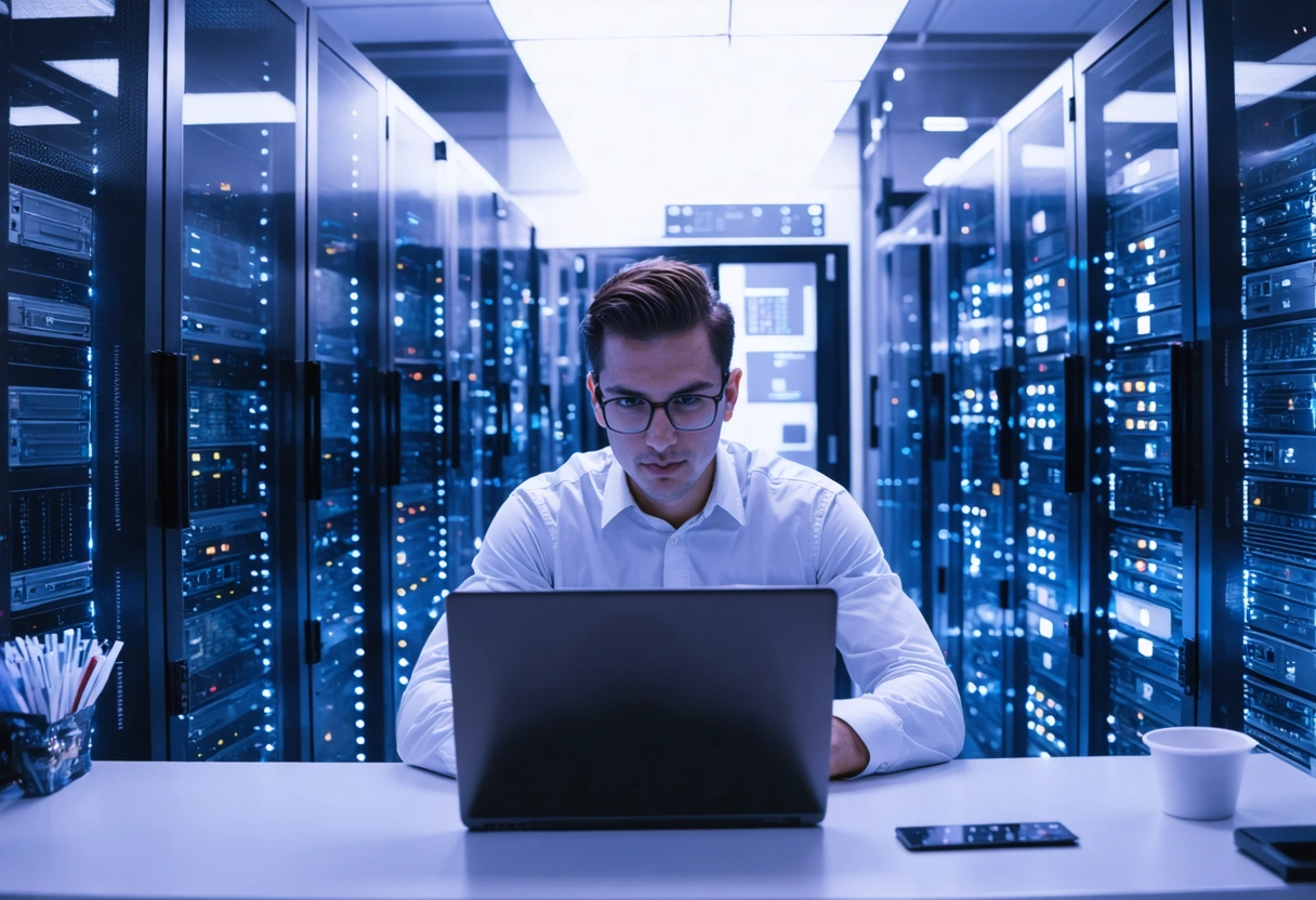 Person reviewing hosting options on laptop in server room with glowing servers