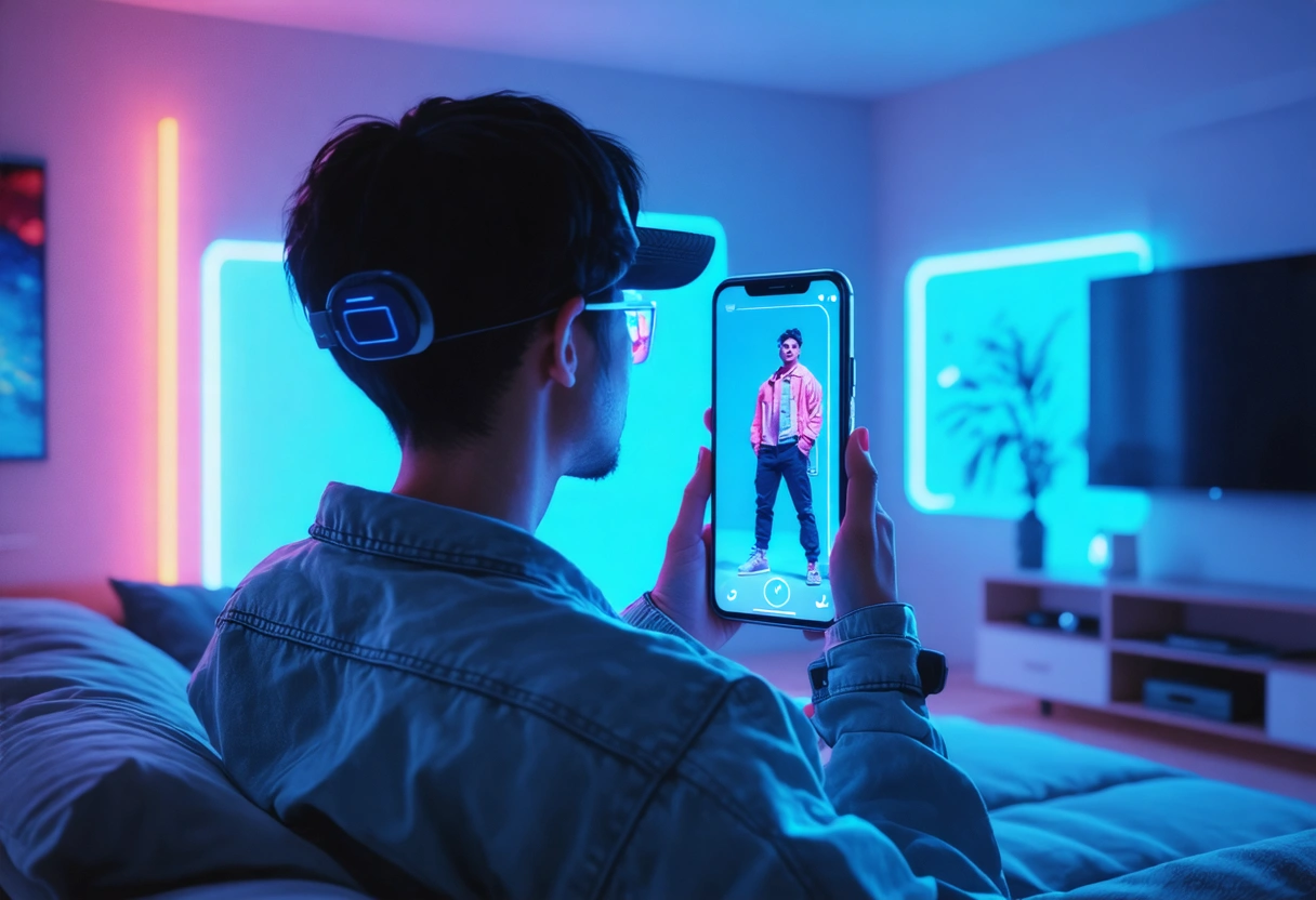 A user experiencing an AR shopping app on a smartphone, visualizing a virtual product in