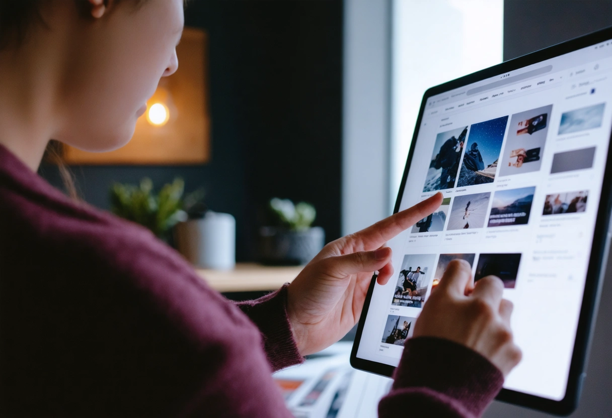 User engaging with interactive website on tablet in warm lighting