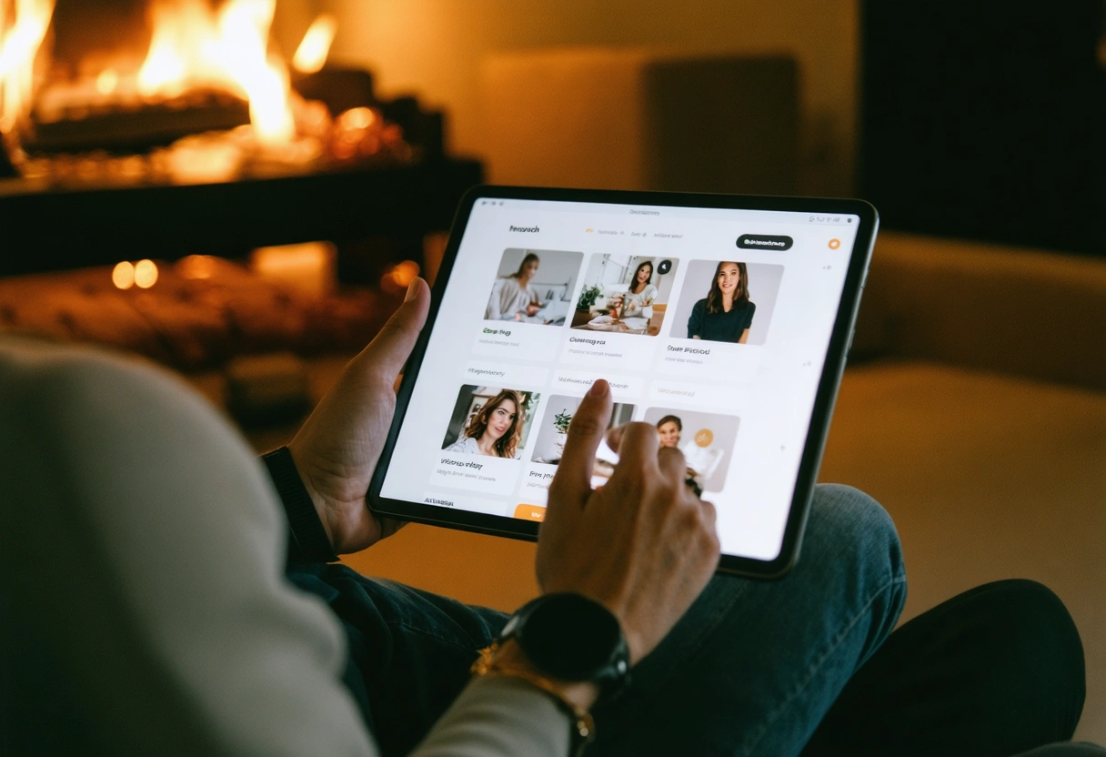 A user interacting with a personalized website interface on a tablet, AI-driven suggestions visible, in