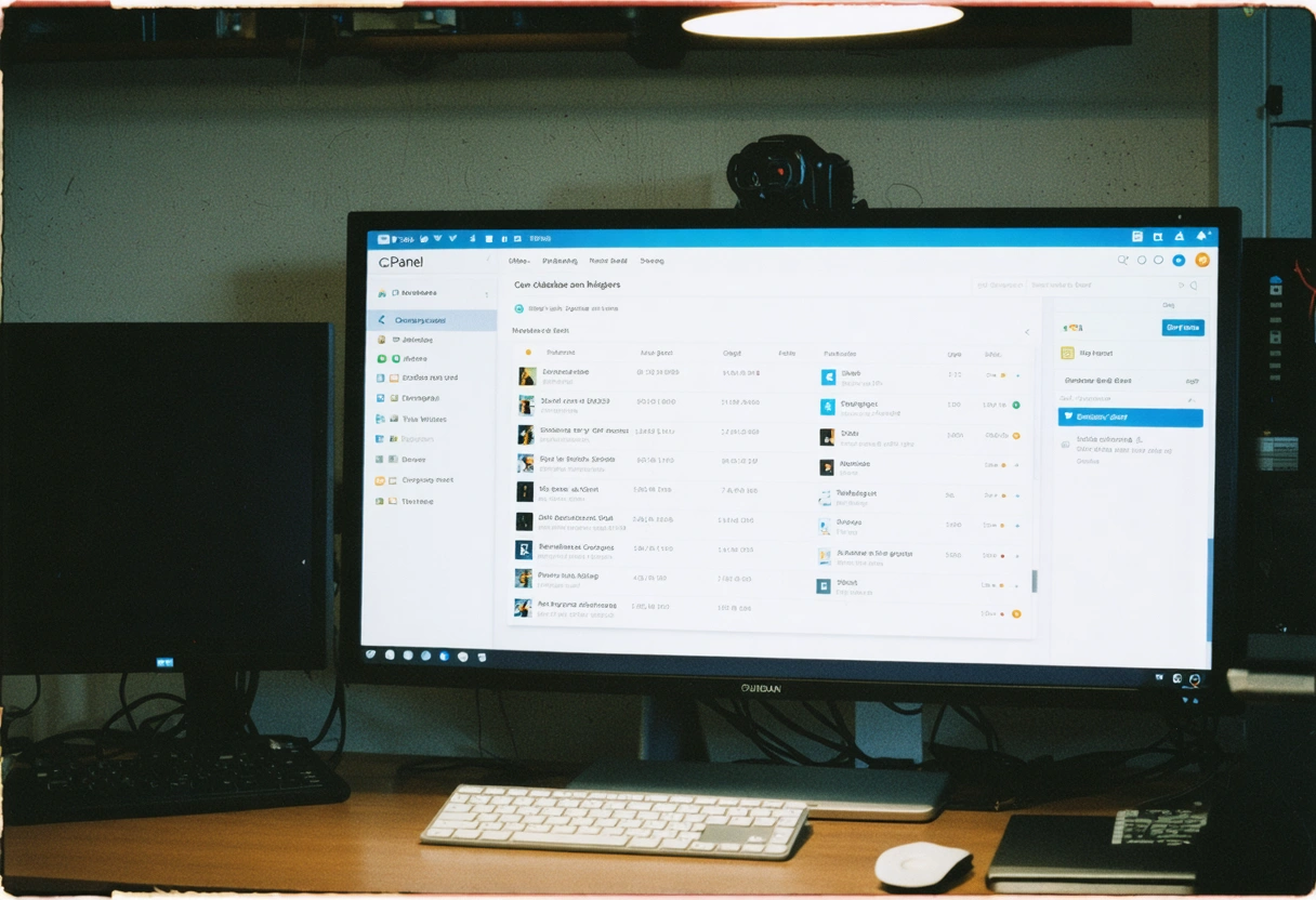 Person using cPanel interface on a laptop in an office setting.
