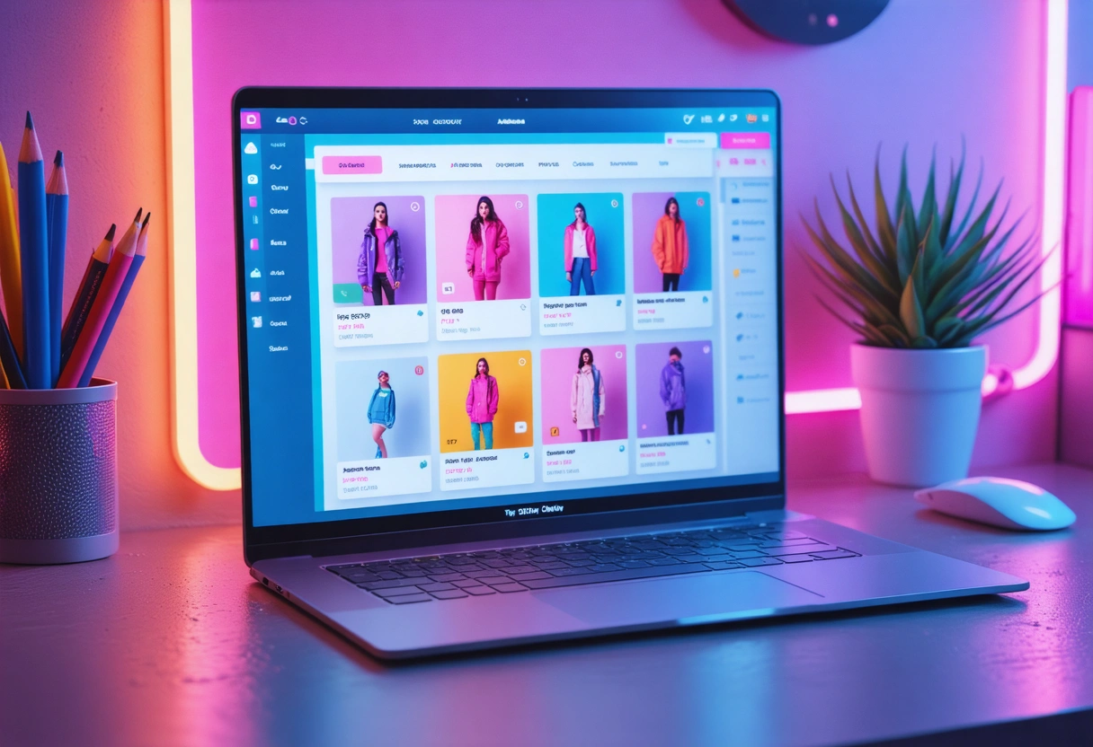 A vibrant online store interface on a laptop screen, showing product listings and checkout process,
