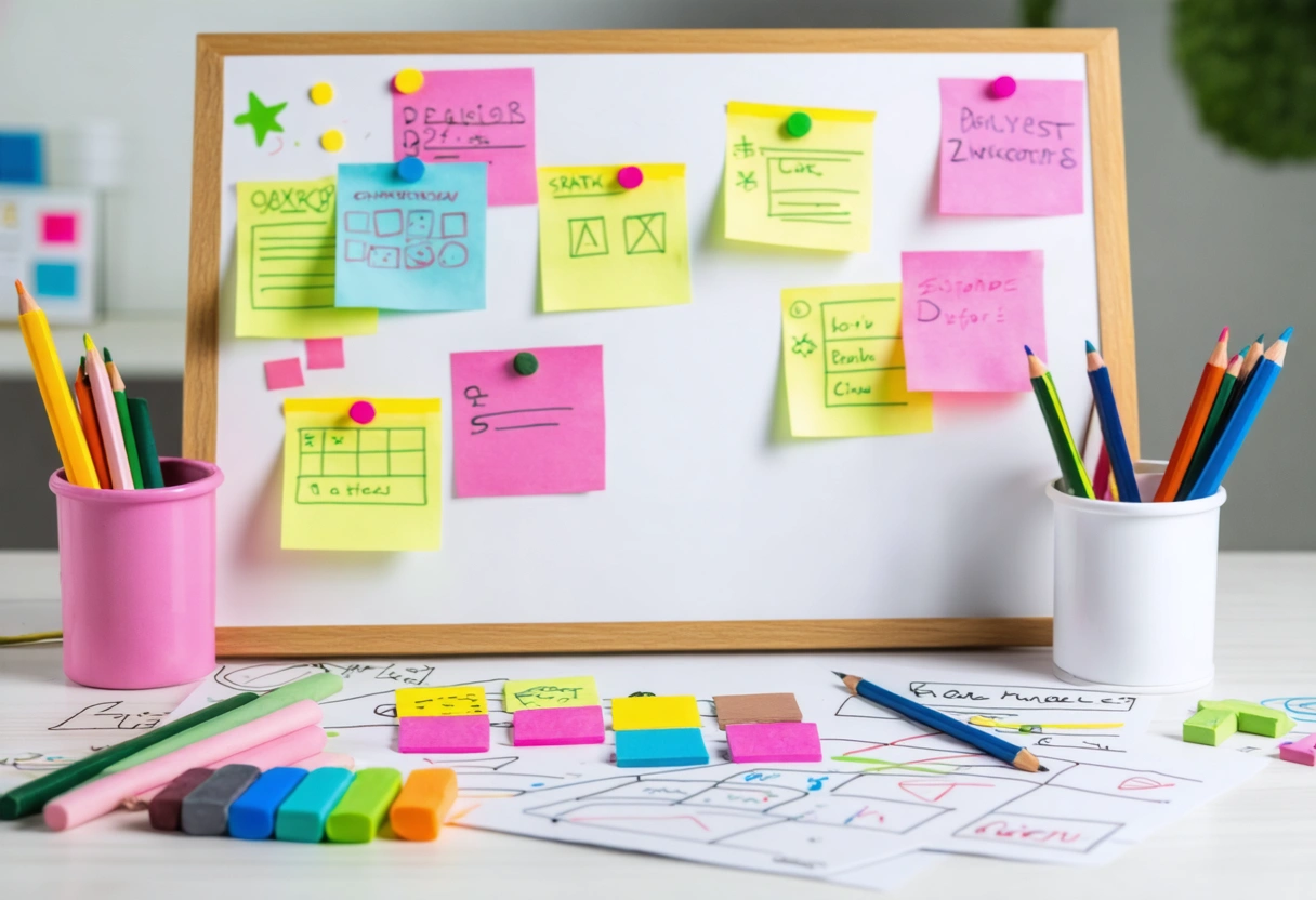 A website developer arranging a sitemap on a whiteboard, surrounded by sticky notes and sketches,
