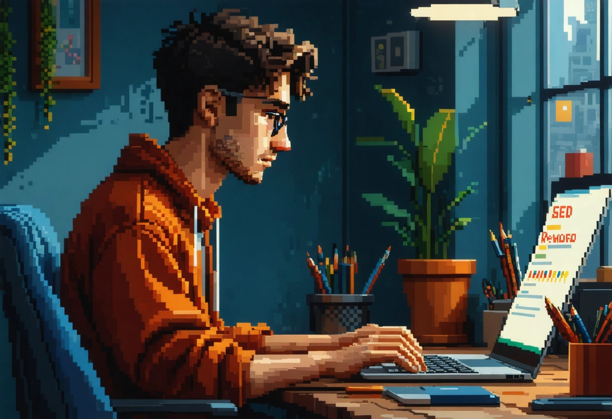 Writer researching SEO keywords on laptop at cozy desk