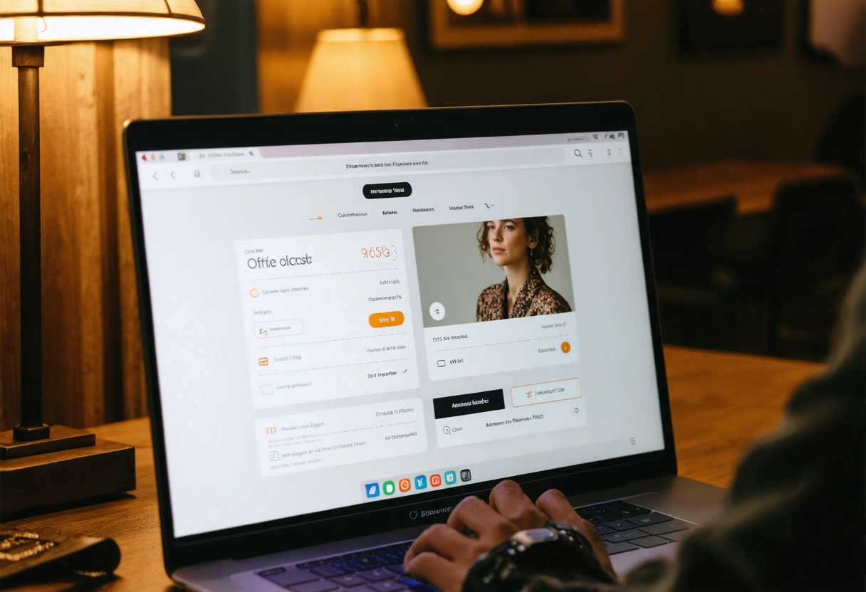 Laptop displaying e-commerce checkout with personalized features in an office setting