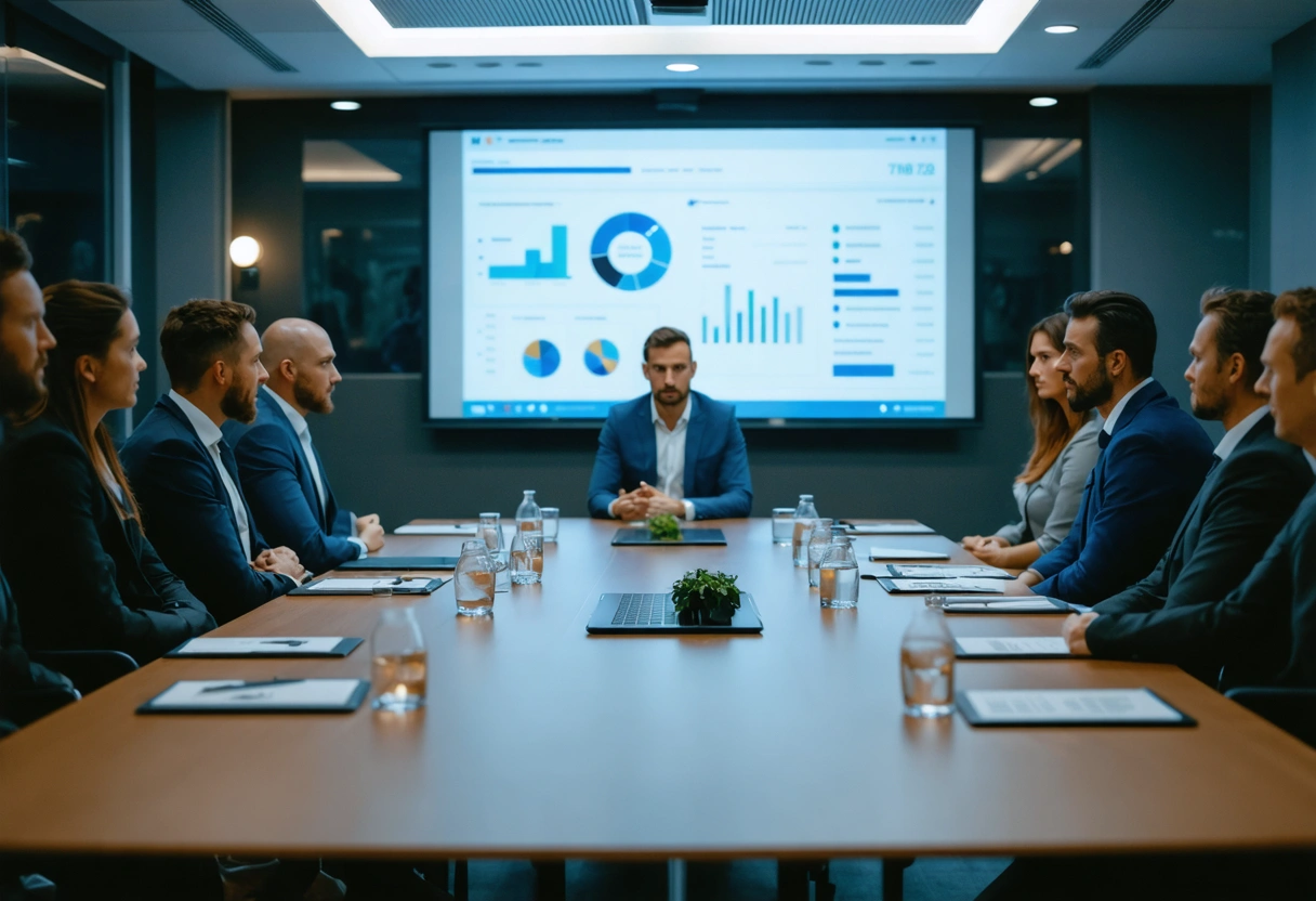 Executives discussing software in conference room with presentation screen