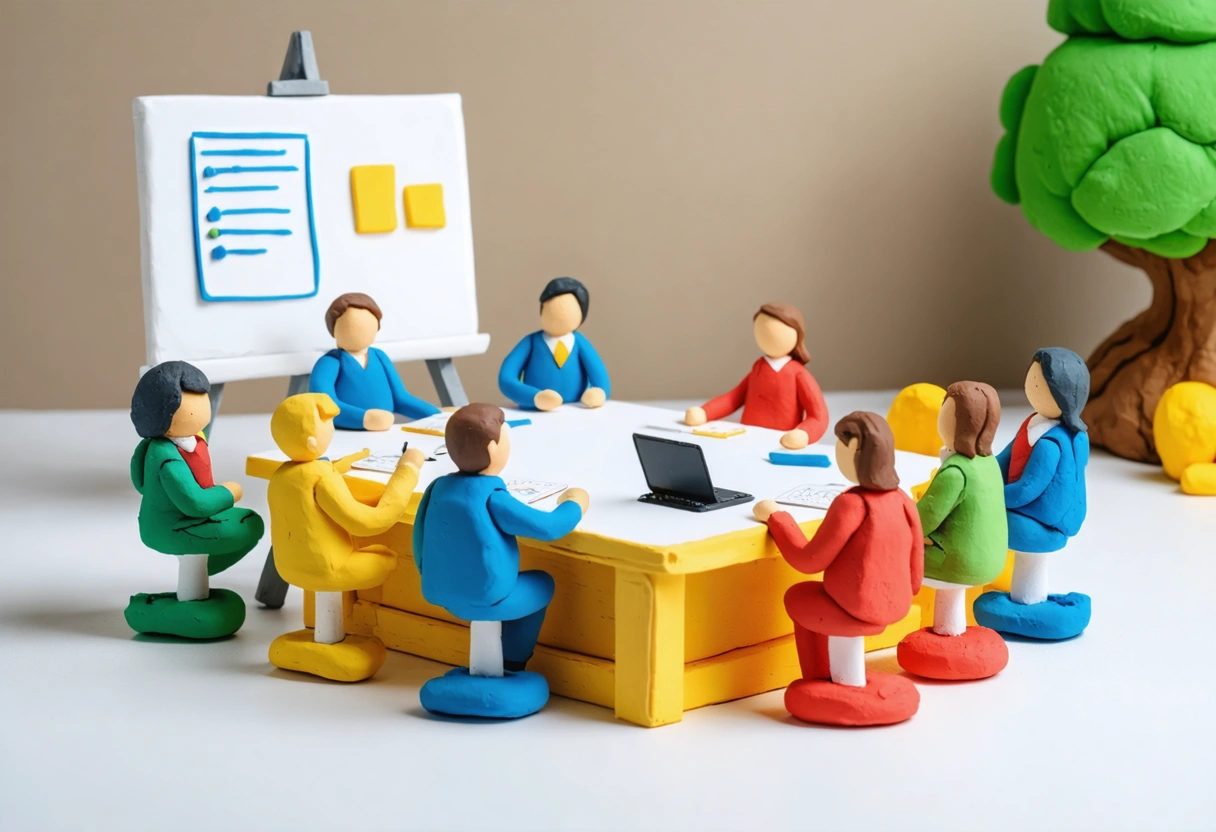 A business meeting room with a team discussing proprietary website development strategies. Whiteboard with diagrams,