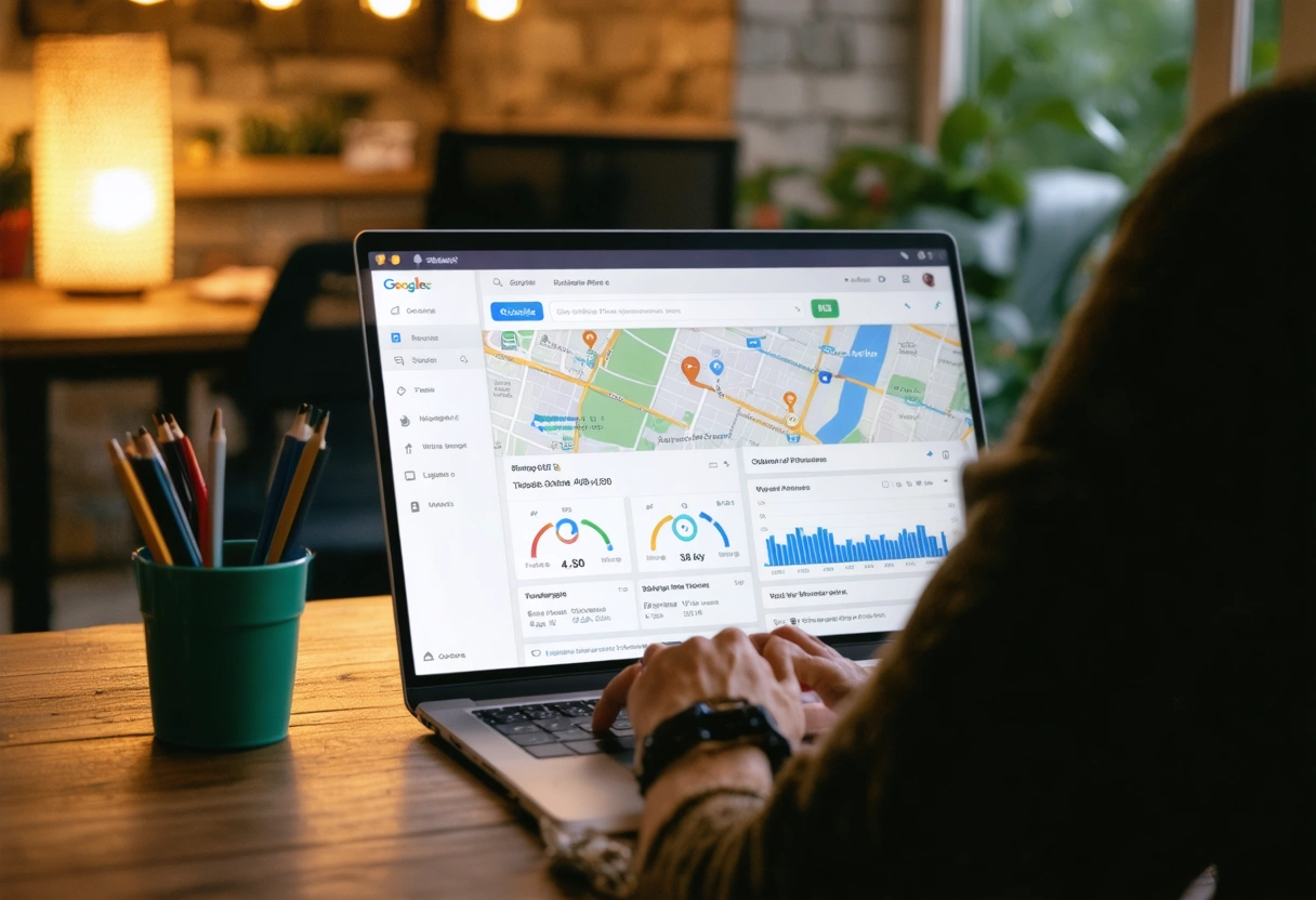 Business owner managing Google Business Profile on laptop in cozy, warmly lit office.