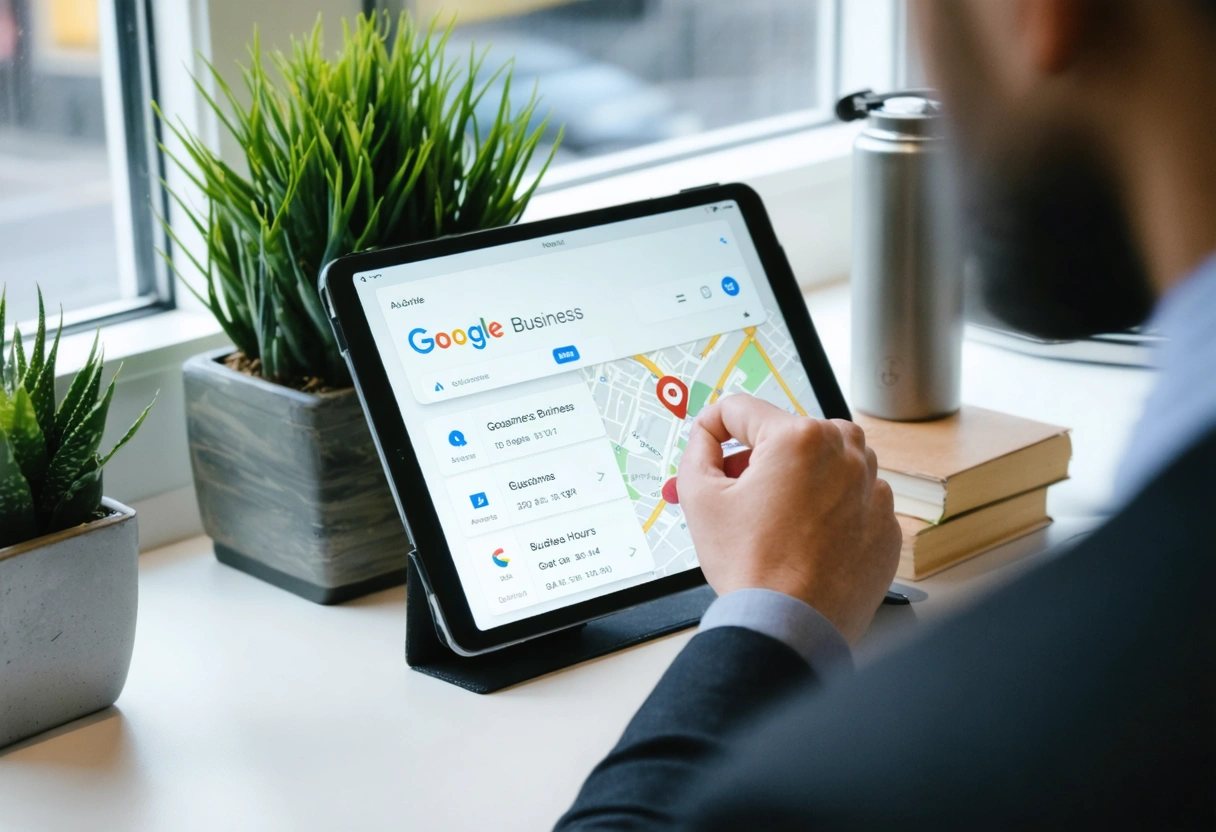 A business owner updating their Google Business Profile on a tablet, with a focus on