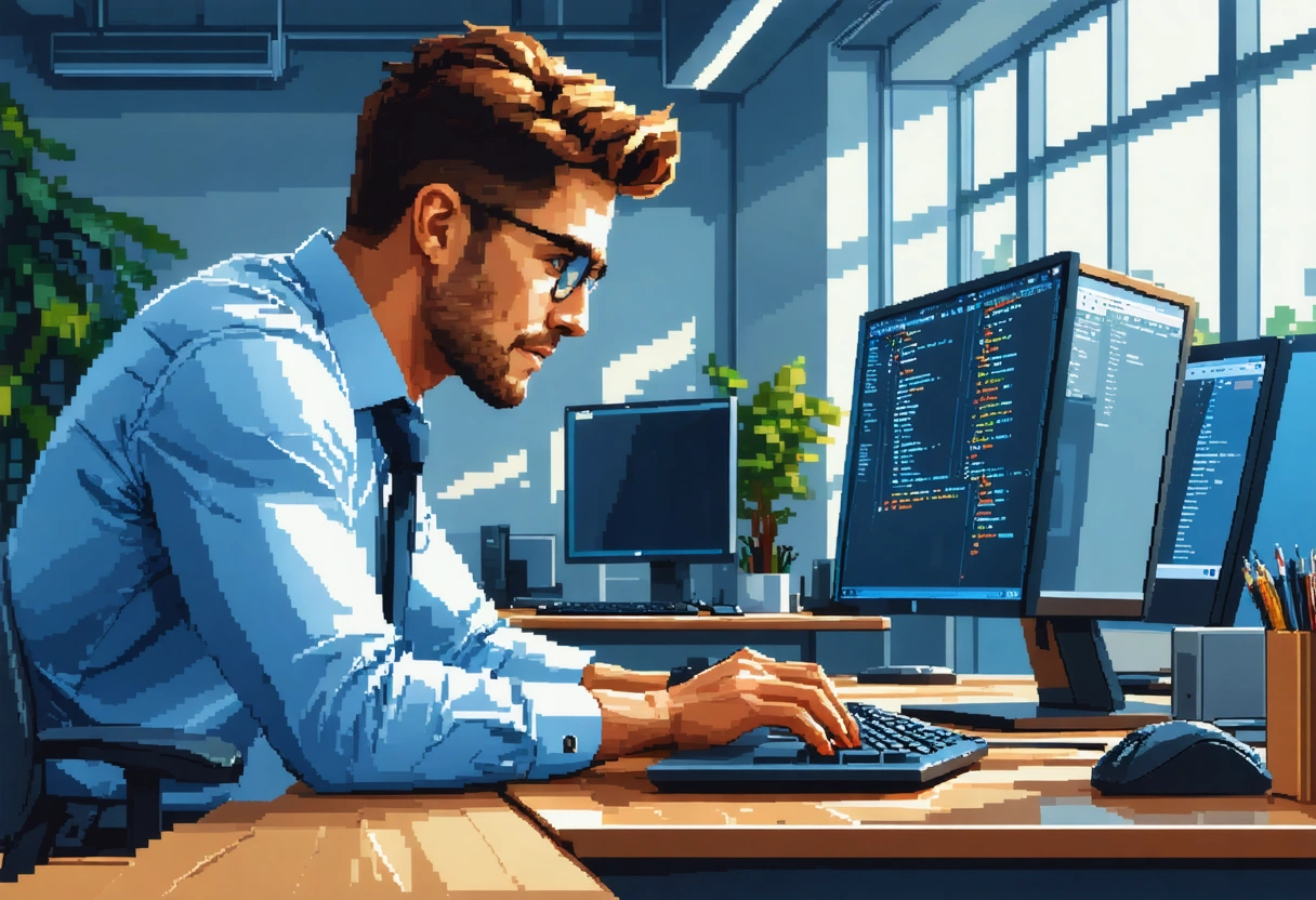 Business professional analyzing proprietary software on laptop in modern, well-lit office.