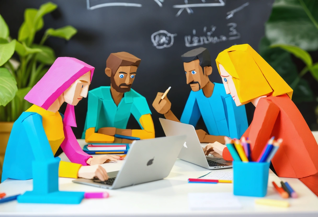 Diverse team discussing software requirements around table in modern office