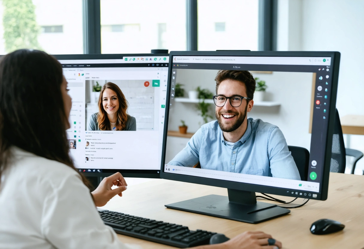 Customer support team assisting client via video call in bright office