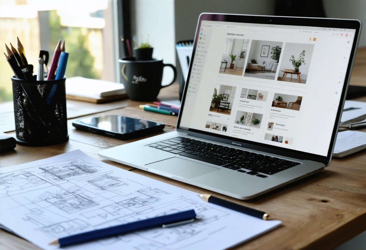 A designer's workspace with sketches and a laptop showing a user-centric website design. Natural lighting,