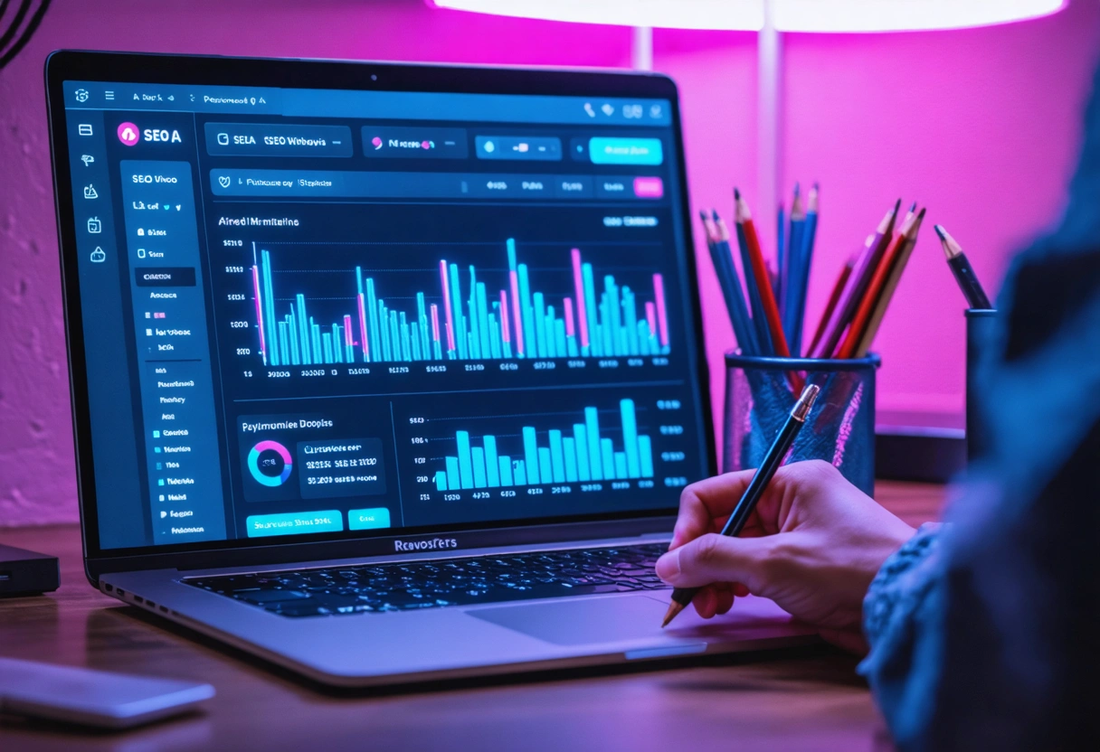 A digital dashboard displaying SEO performance metrics on a laptop, with a person taking notes