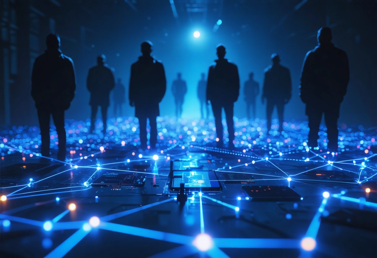 Futuristic digital landscape with interconnected devices, data flow lines, and shadowy cybercriminal figures.
