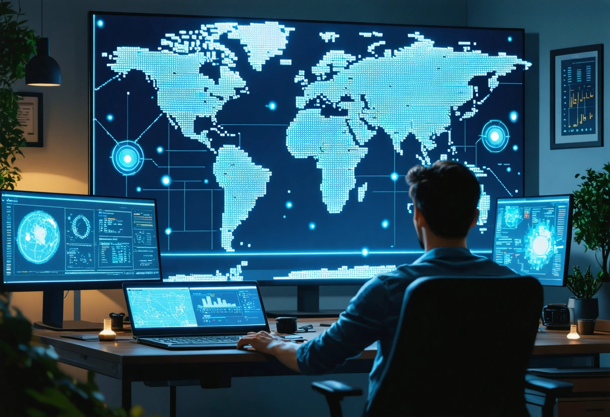 A digital map showing global CDN nodes on a computer screen, person analyzing data, office