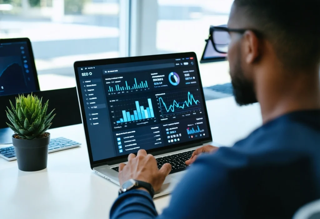 Digital marketer reviews AI-driven SEO analytics on laptop in a bright, professional office.