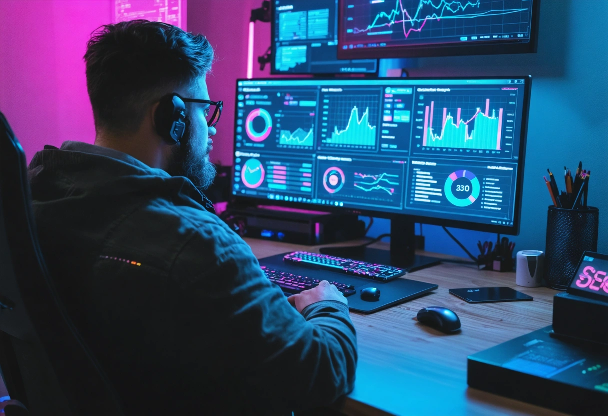 Digital marketer analyzing local SEO data on laptop, focused in a bright, organized office.