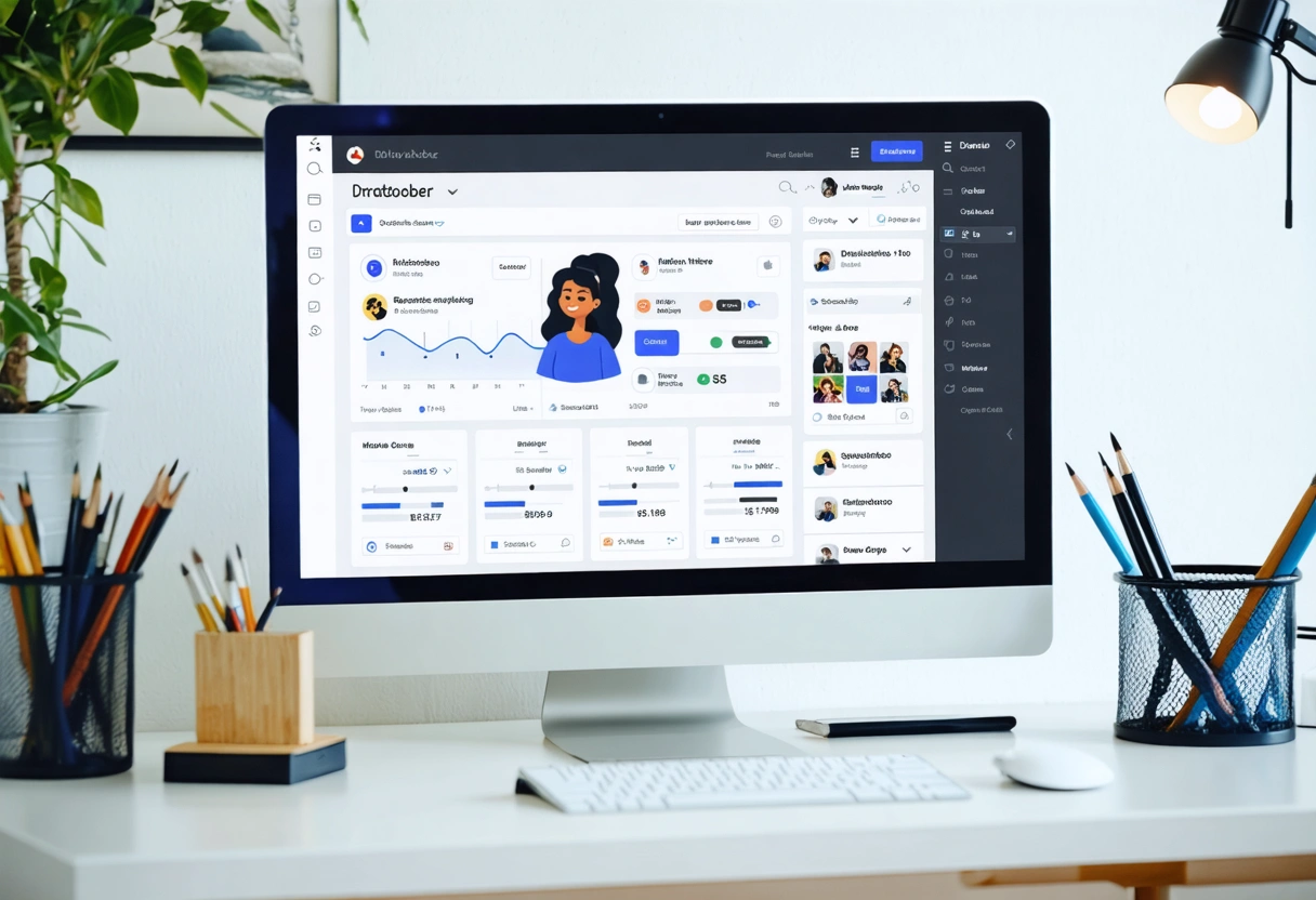 A digital marketing dashboard on a computer screen, integrating AI with social media analytics, in