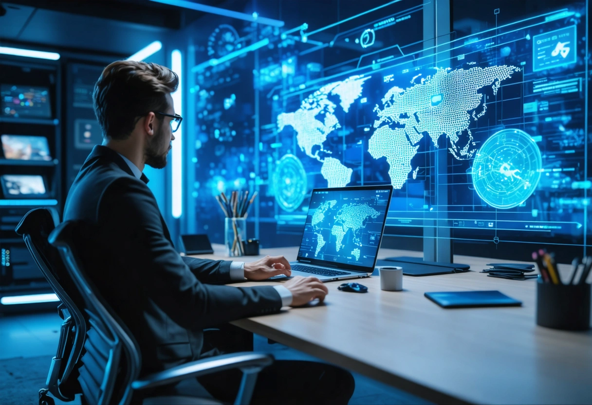 Digital strategist analyzing Google Business Profile trends on holographic display