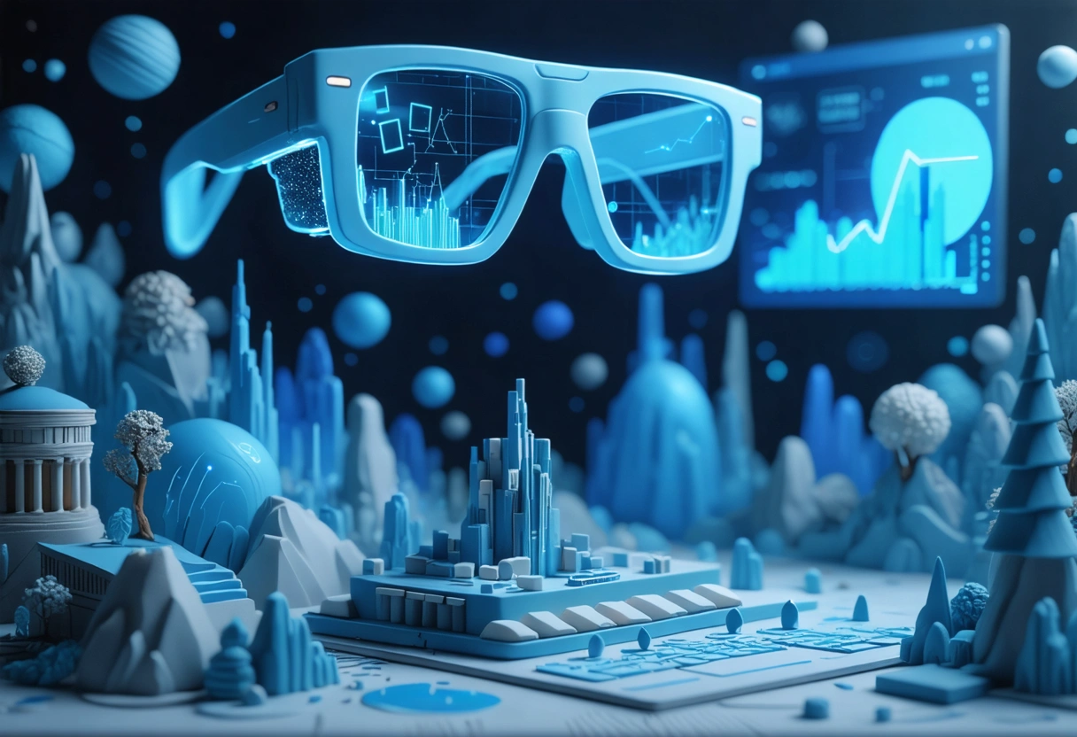 A futuristic office with a digital marketer using AR glasses to view local SEO trends,