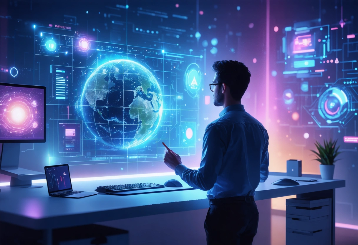 A futuristic office with a holographic display showing Core Web Vitals metrics, a person interacting