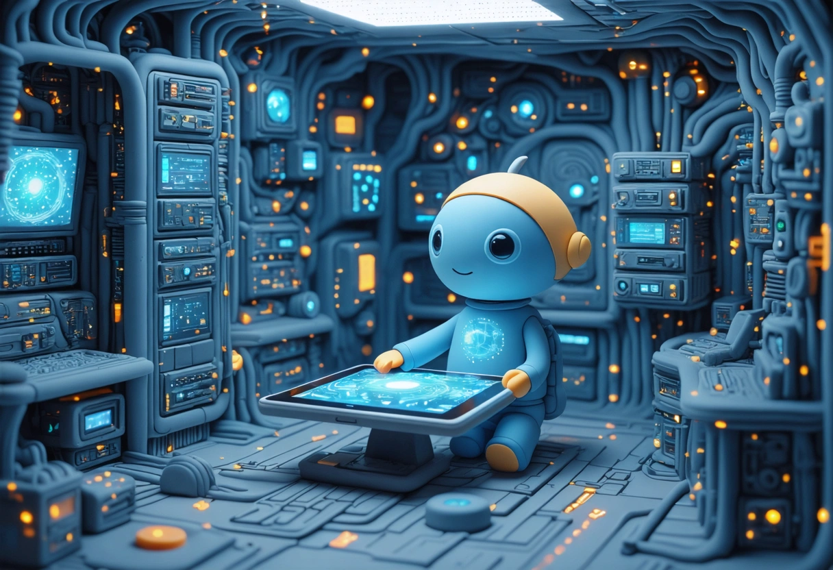 A futuristic server room with LiteSpeed servers, glowing lights, tech specialist checking system on a