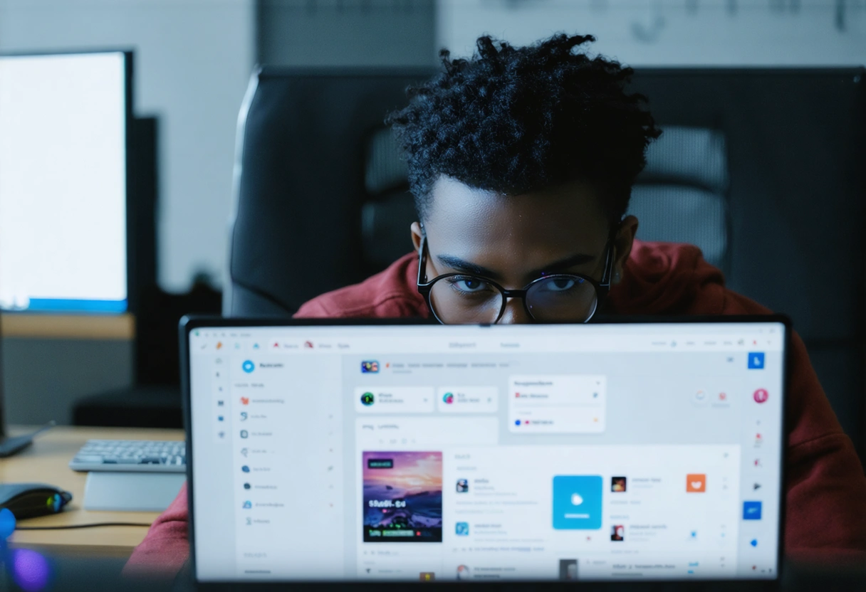Person using laptop with fast-loading website dashboard in bright, professional office setting.