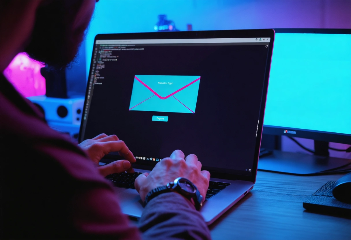 A phishing email on a laptop screen, dimly lit room, focused view on the screen