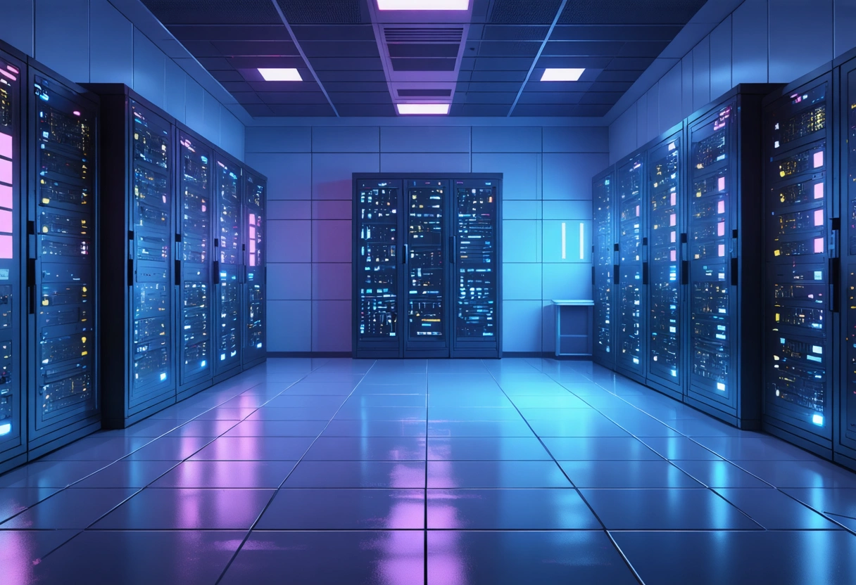 A secure server room with racks of servers, glowing lights, and a firewall interface on