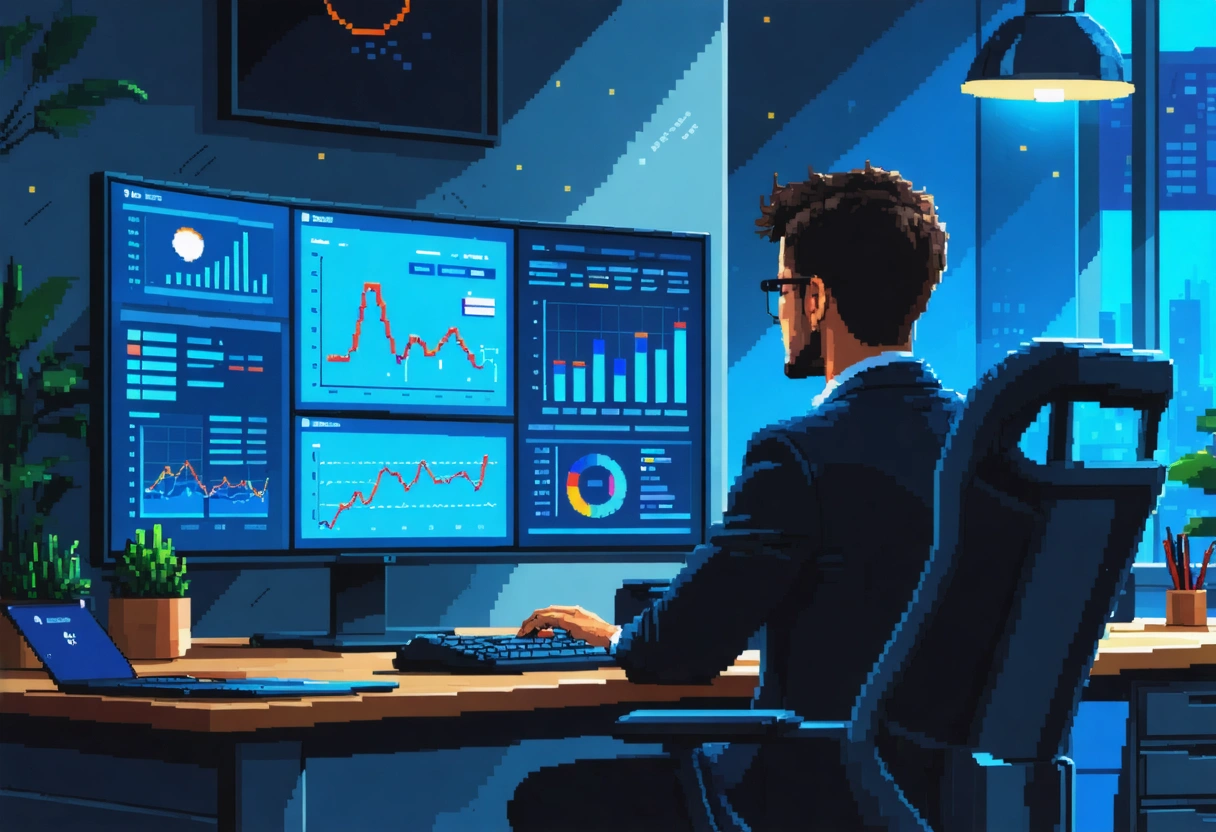 Person analyzing SEO metrics on a large screen in a modern, well-lit office.