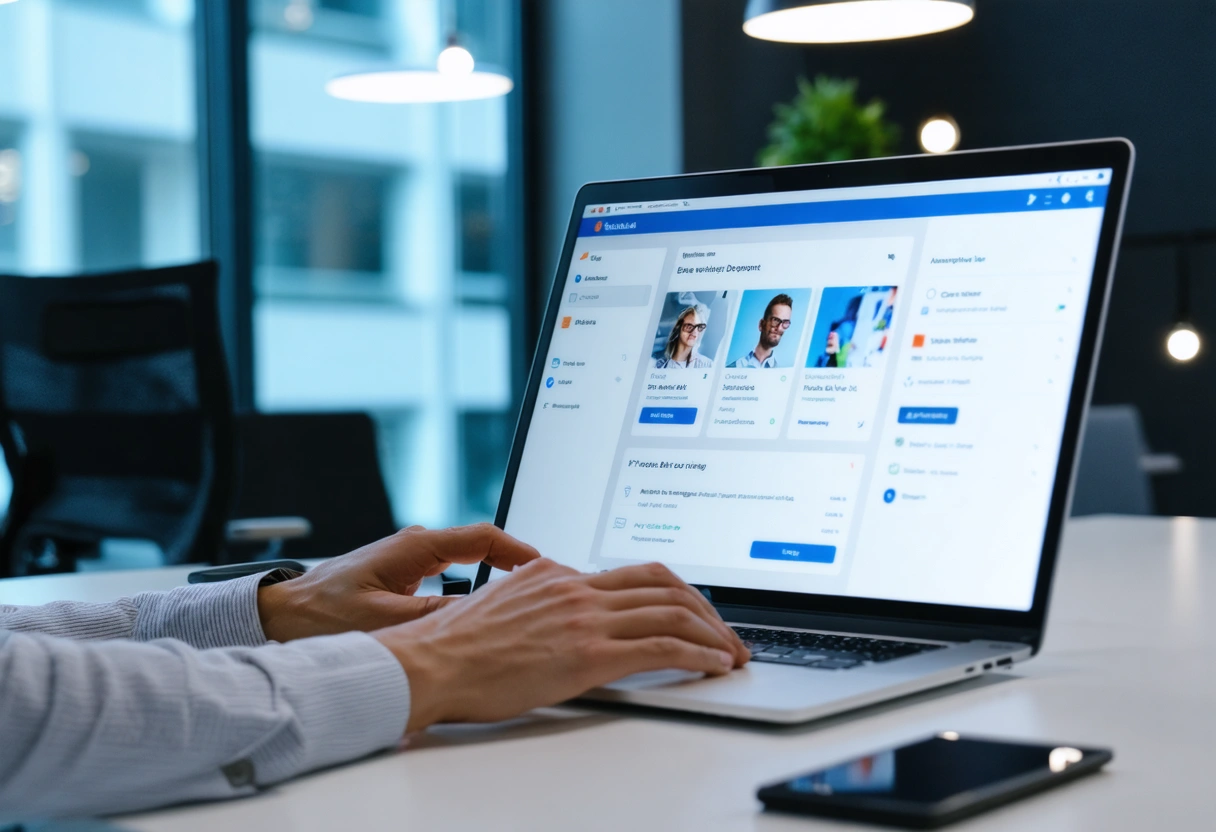 Professional using laptop with proprietary website development interface in modern, well-lit office.