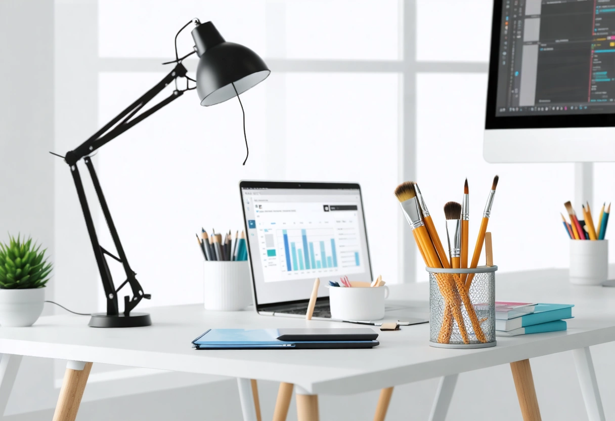 A sleek office with a tech-savvy professional optimizing website content on a computer, side view,