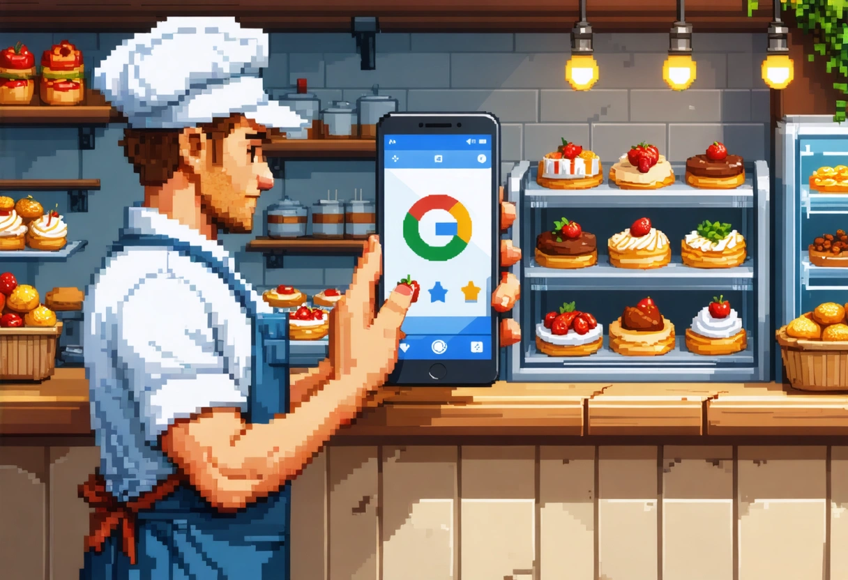 Bakery owner updating Google Business Profile with new pastries on smartphone