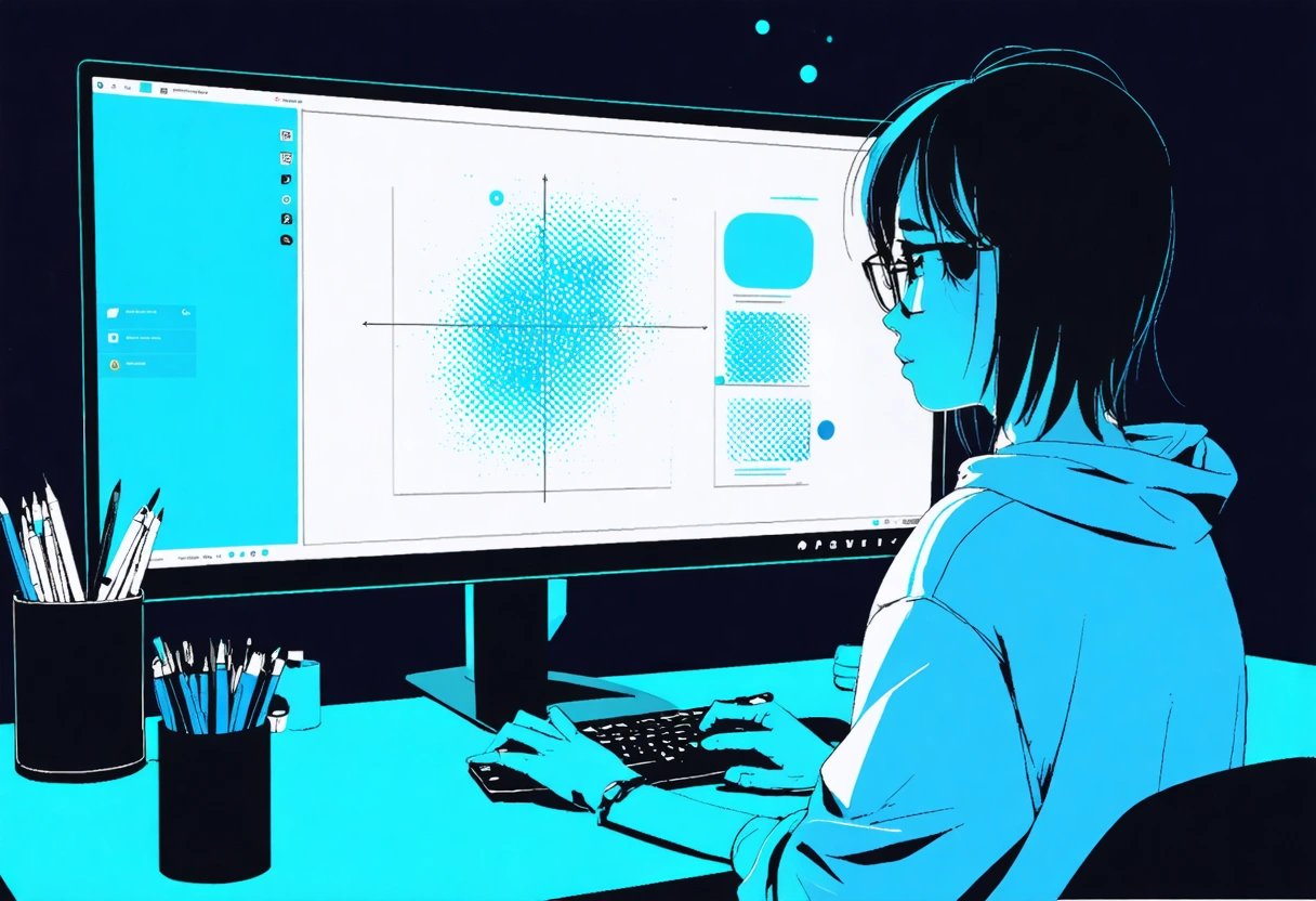 Developer coding a unique algorithm on dual monitors in dim tech workspace