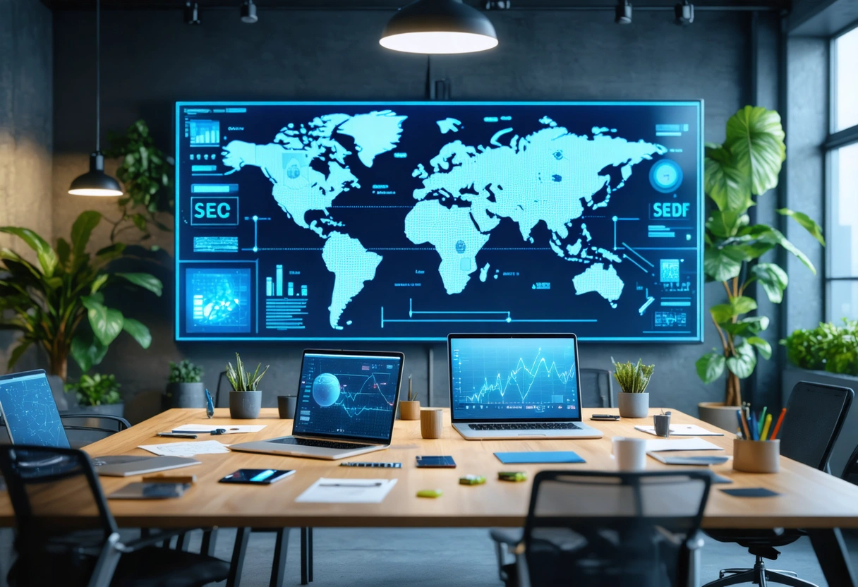 A team collaborates in a modern office, using AI tools on a large screen for