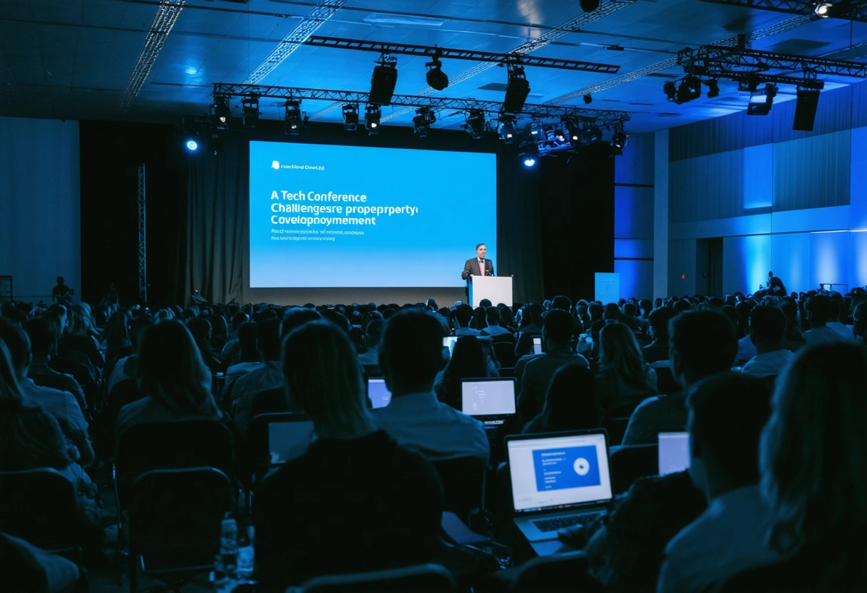A tech conference setting with a speaker discussing challenges in proprietary development. Audience with laptops,