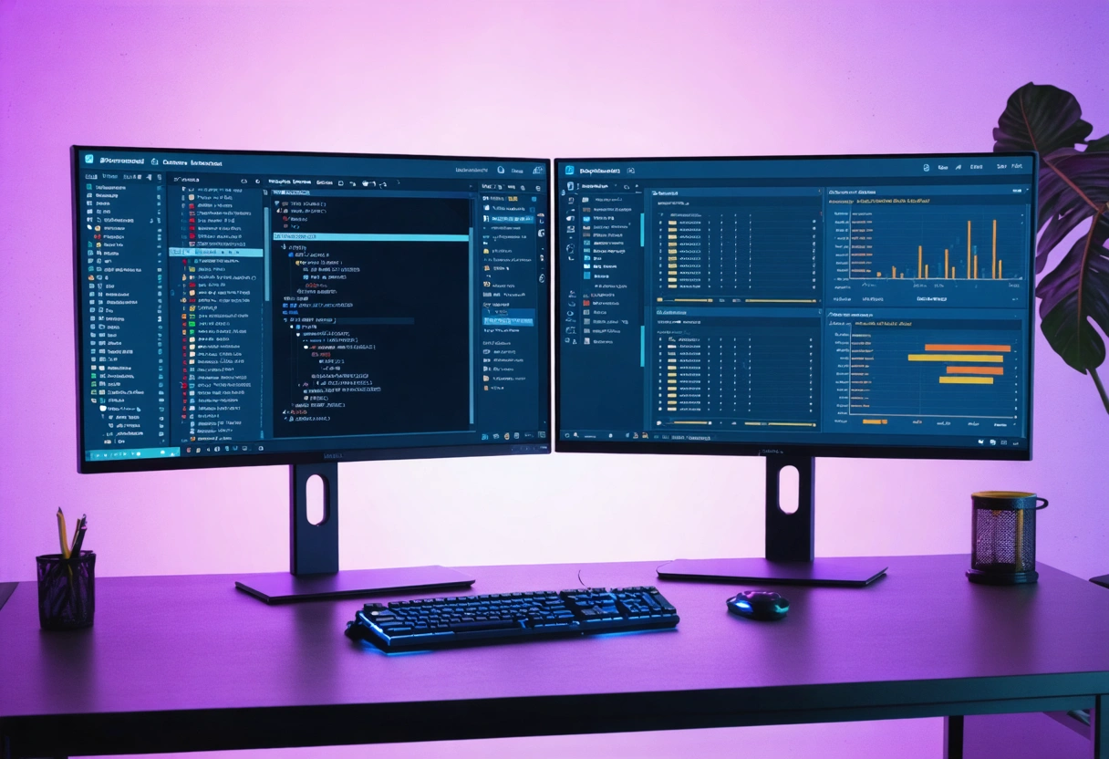 A tech workspace with a side-by-side comparison of LiteSpeed and Apache server performance on dual