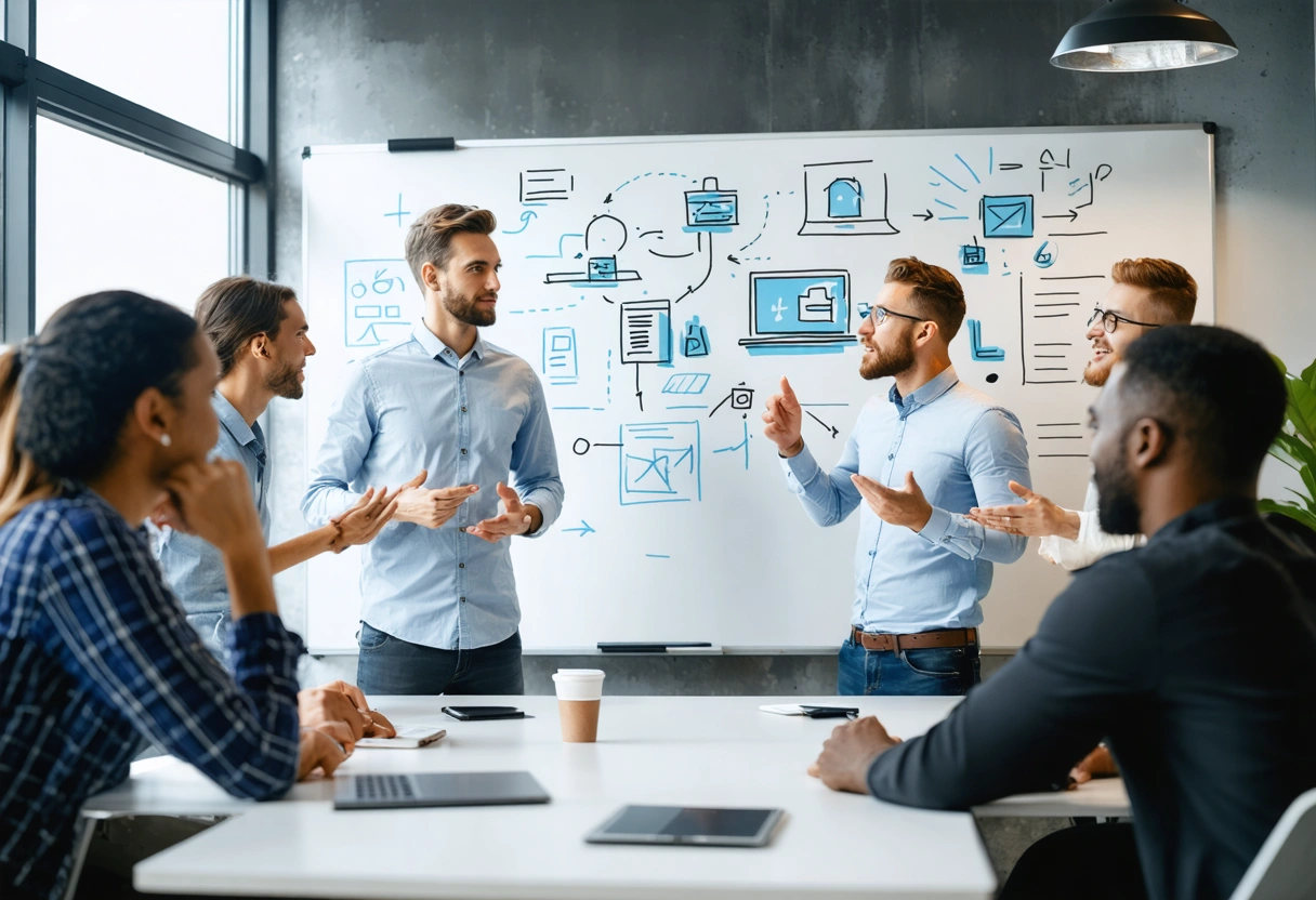 An e-commerce office with a team discussing security measures. Whiteboard with security diagrams, diverse team,