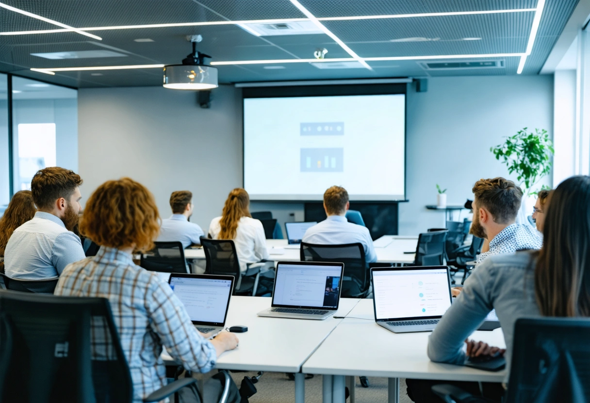 An office workshop on security awareness, employees at desks with laptops, engaging presentation on screen.