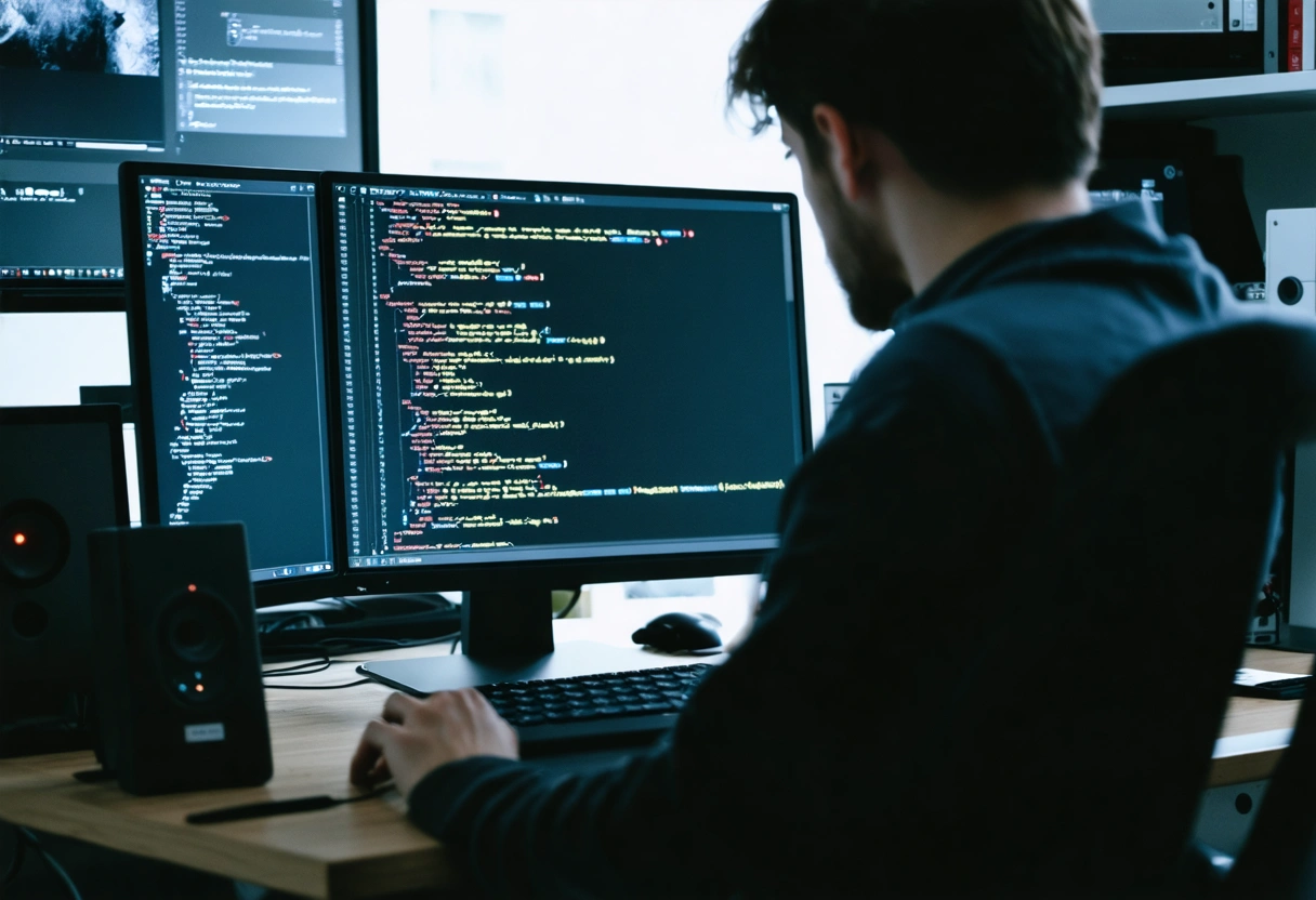 An SEO specialist implementing schema markup on a desktop computer, with code visible on the