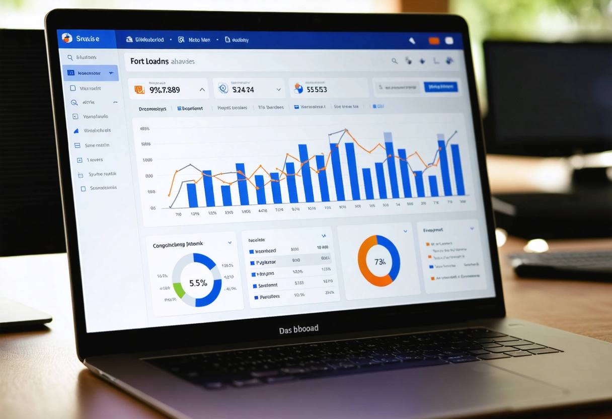 Close-up of a laptop screen showing a fast-loading webpage analytics dashboard, modern office setting, POV