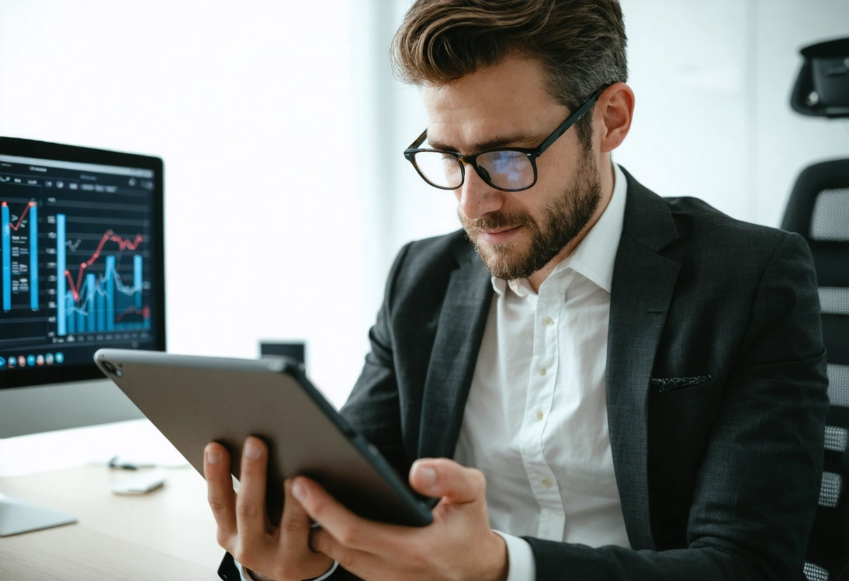 A business owner reviewing website security analytics on a tablet, in a bright office setting,
