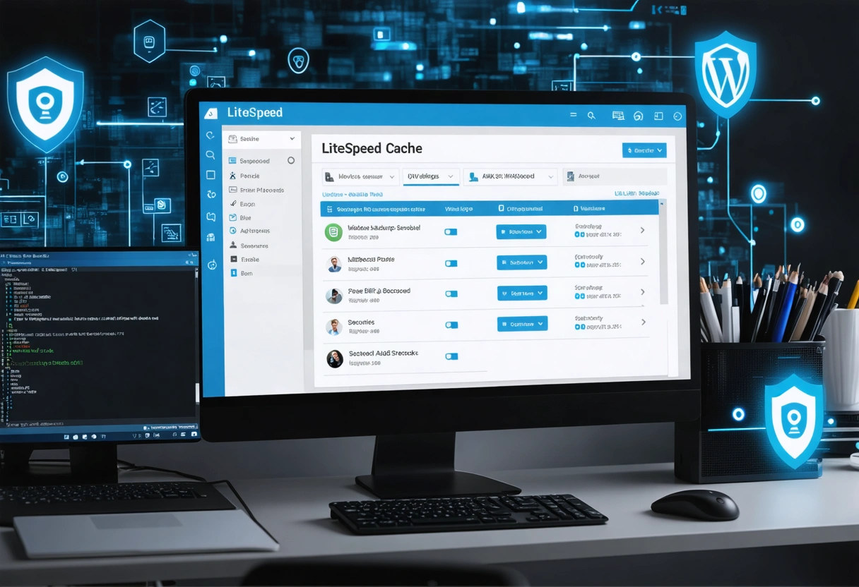 A computer screen showing a WordPress dashboard with LiteSpeed Cache settings, surrounded by digital security