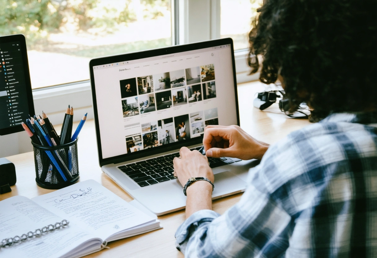 A content creator drafting a high-quality blog post on a laptop, surrounded by notes and