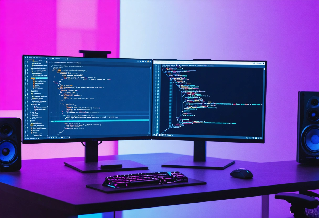 Developer customizing WordPress site on dual monitors in modern office.
