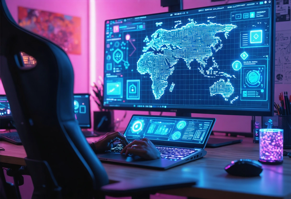 A developer integrating third-party applications with WooCommerce, coding on a laptop, API connections visualized on