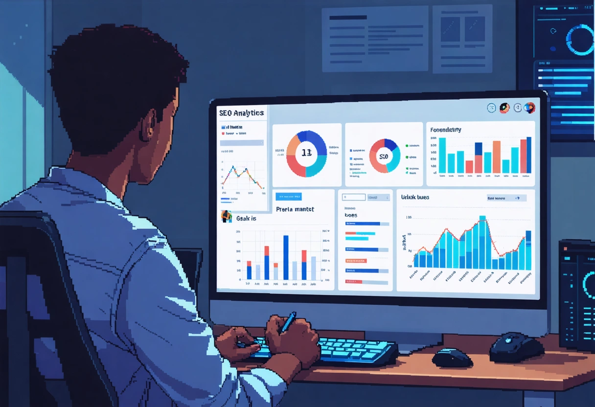 A digital dashboard on a computer screen showing SEO analytics and graphs, with a person