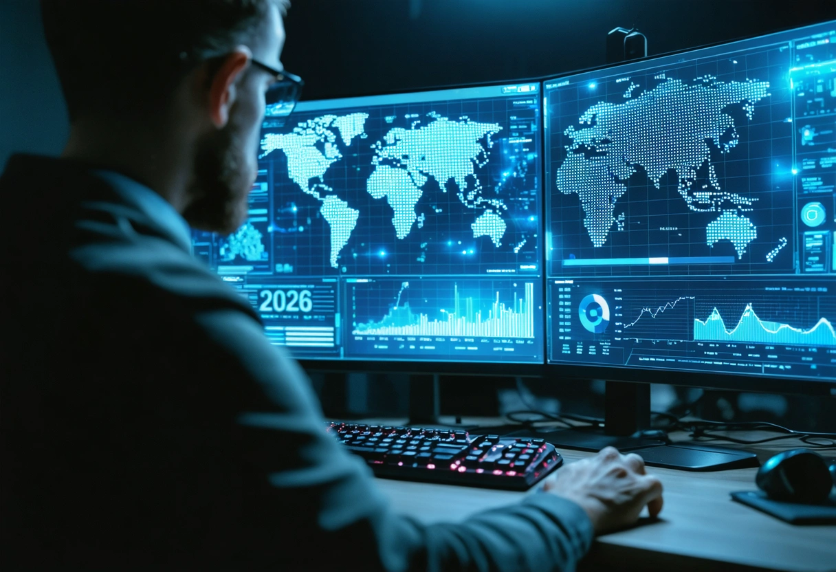 A digital marketer strategizing for 2026, using a futuristic virtual interface to analyze SEO and