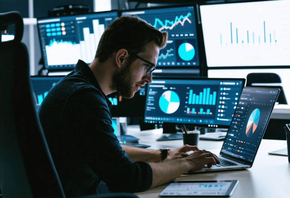 Digital marketing strategist analyzing SEO and content marketing on a laptop in a bright office.